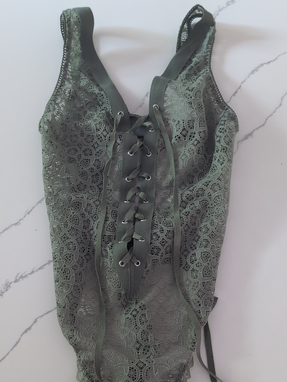 Victoria's Secret Sage Green Lace Lace-Up One-Piece Bodysuit
